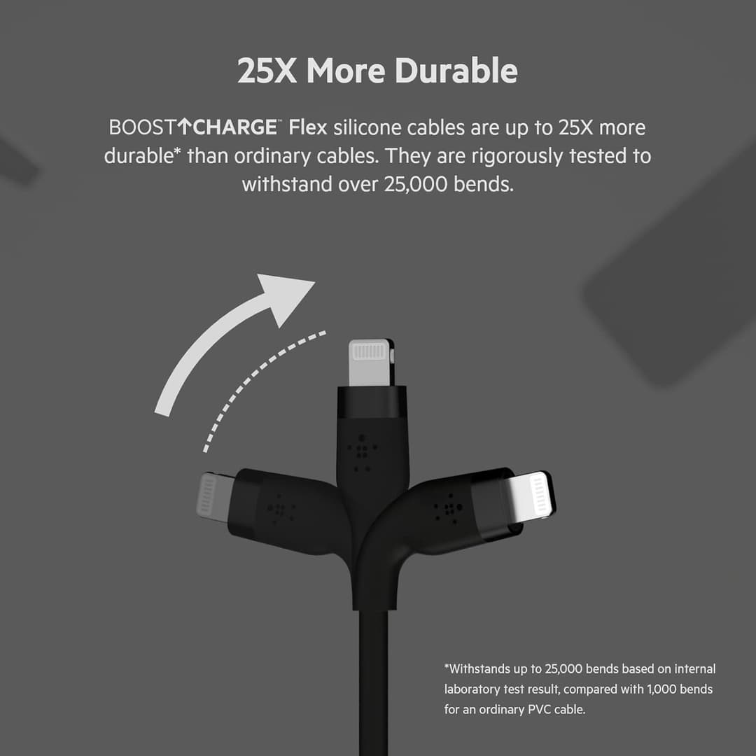 Belkin BoostCharge Flex USB-A to Lightning Cable 3M, Silicone Fast Charging Cable for iPhone & iPad – Black - Image 3