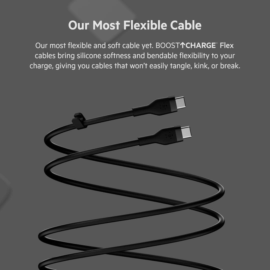 Belkin BoostCharge Flex USB-C to USB-C Cable 2M Fast Charging Silicone Cable with Clip – Black - Image 2