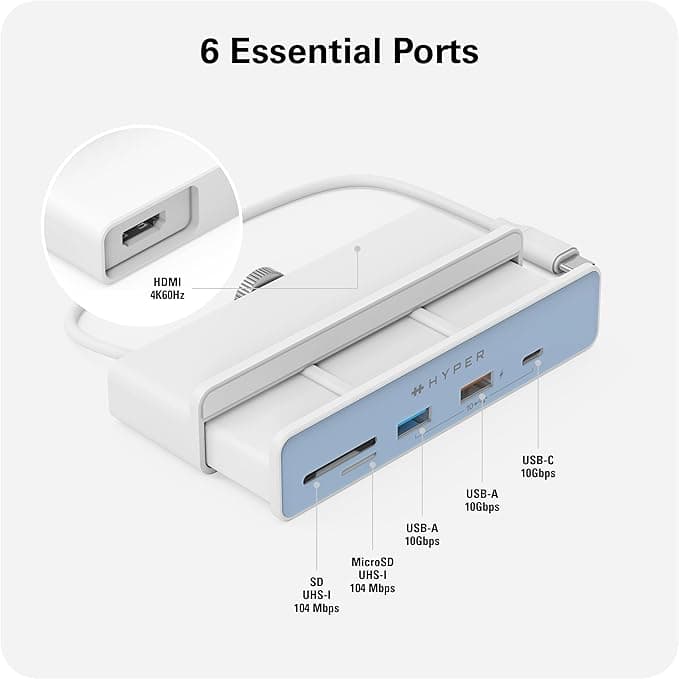 HyperDrive 6-in-1 USB-C Hub for iMac 24-Inch vbkCDD36 4K60Hz HDMI, USB-C 10Gbps, 2x USB-A 10Gbps, SD & MicroSD UHS-I – White - Image 3