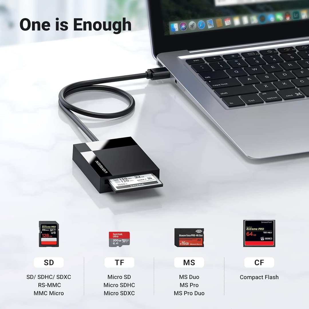 UGREEN 4-in-1 USB 3.0 Card Reader – SD, CF, Micro SD, MS, High-Speed 5Gbps - Image 2