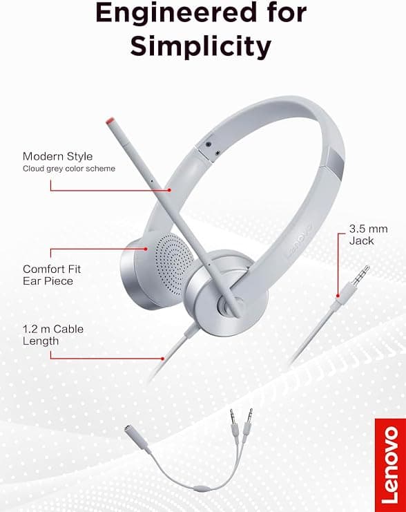 Lenovo 100 Stereo Analog Headset 3.5mm Cloud Grey with Boom Microphone - Image 5