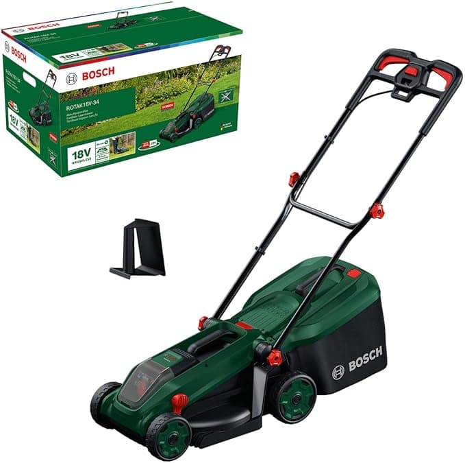 Bosch ROTAK 18V-34 Cordless Lawn Mower 34cm with 35L Grass Bag & Mulching Plug – Green - Image 1