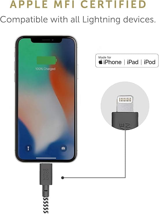 Native Union Belt Lightning to USB Cable 1.2m Durable Charging & Sync Cable with Leather Strap, Zebra - Image 2