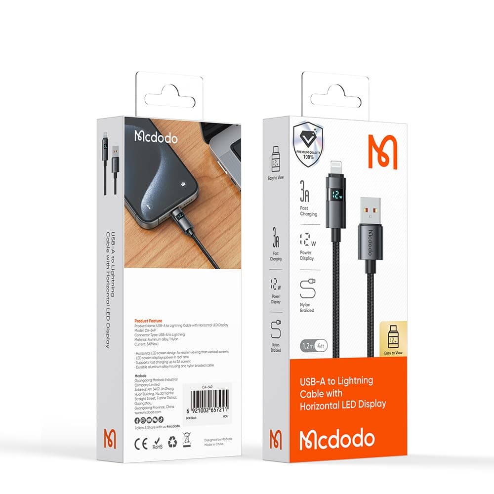 Mcdodo USB-A to Lightning Cable 4ft with LED Display – Nylon Braided Fast Charging for iPhone,1.2M iPad & AirPods - Image 8