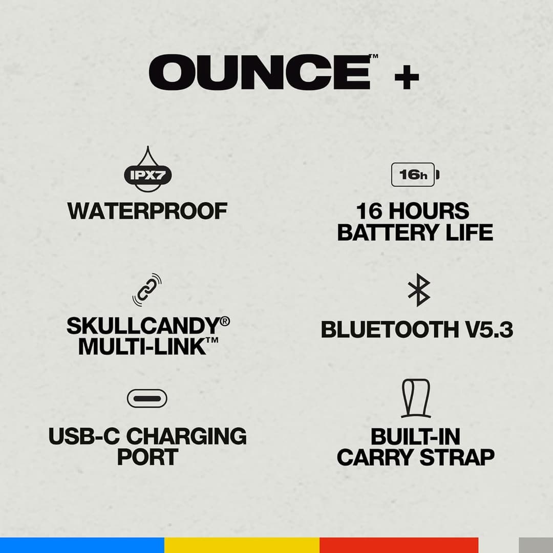 Skullcandy Ounce+ Wireless Bluetooth Speaker, IPX7 Waterproof, 16H Battery, TWS, Carry Strap – Black - Image 2