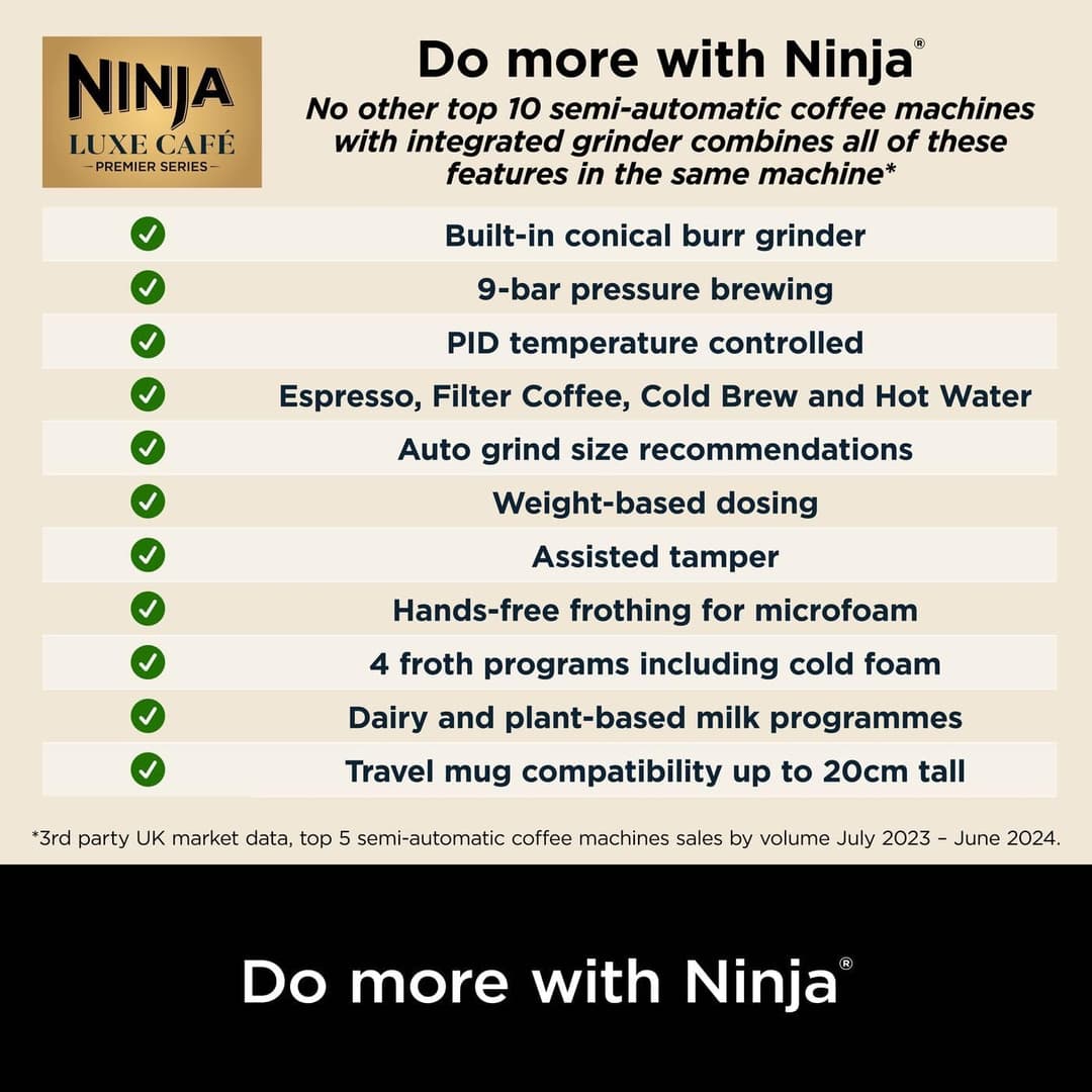 Ninja Luxe Premier 3-in-1 Coffee Machine with Built-In Grinder & Milk Frother Gun Metal ES601UKGM - Image 8