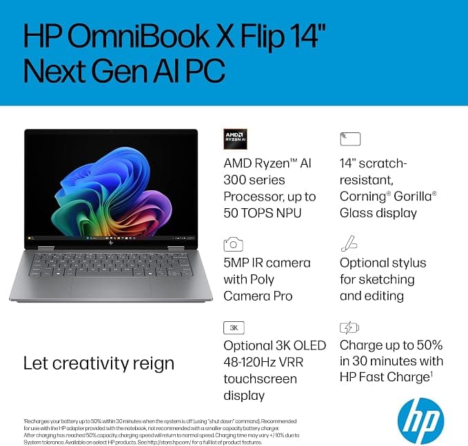 HP OmniBook X Flip NGAI 14 Inch AI Laptop AMD Ryzen AI 7 350 24GB RAM 1TB OLED Touchscreen - Silver - Image 4