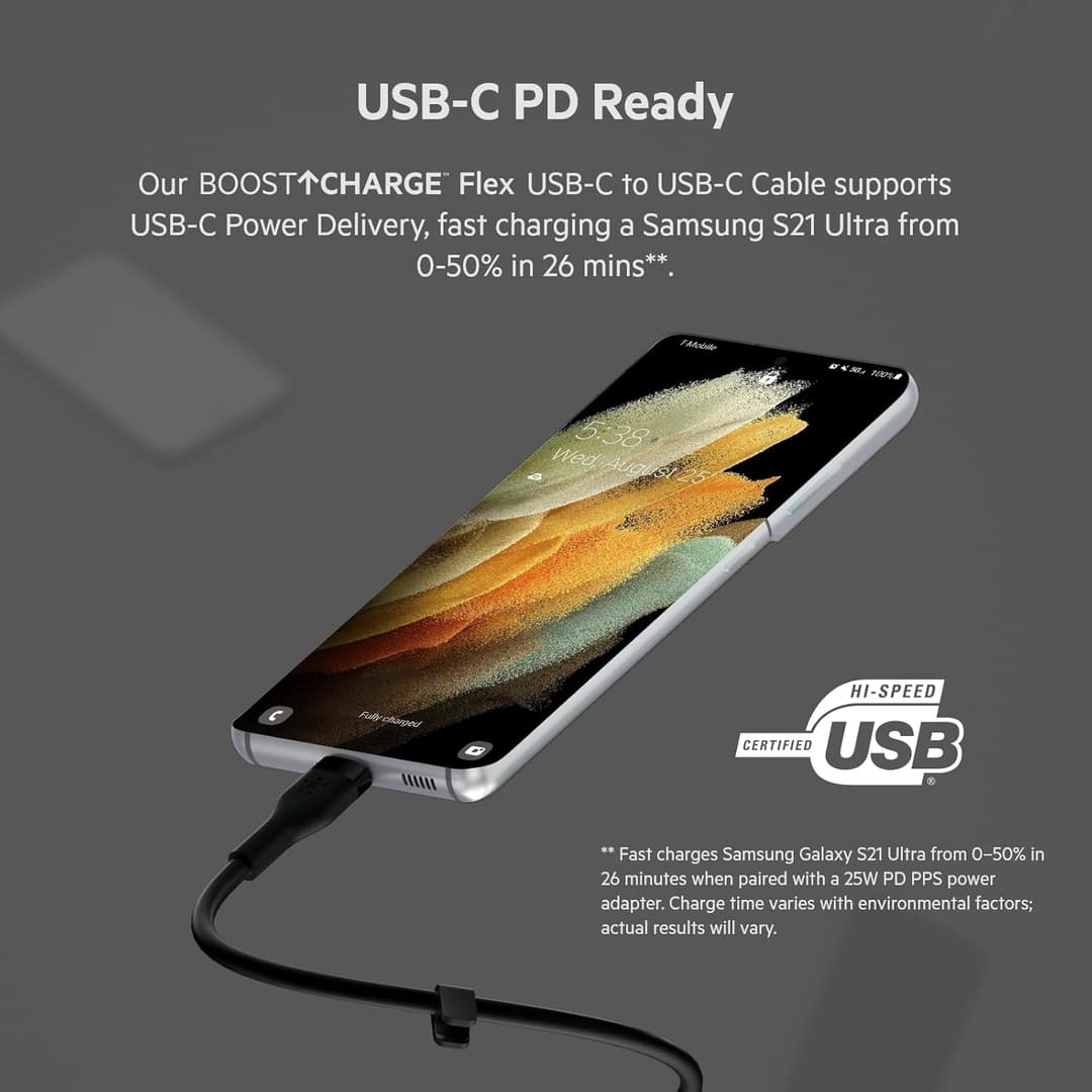 Belkin BoostCharge Flex USB-C to USB-C Cable 2M Fast Charging Silicone Cable with Clip – Black - Image 3