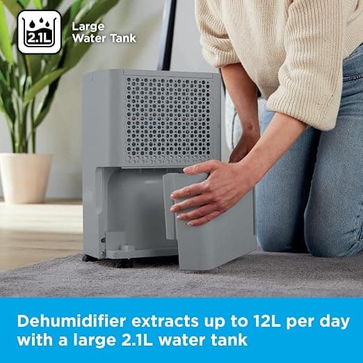 BLACK+DECKER 12L Dehumidifier,4 Modes, Quiet Operation, 2.1L Water Tank, 24-Hour Timer, - Grey - Image 4