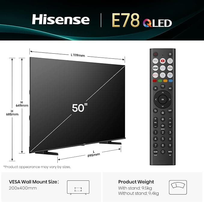 Hisense 50 Inch 50E78QTUK QLED Smart AI TV 4K UHD with Freely - Black - Image 4