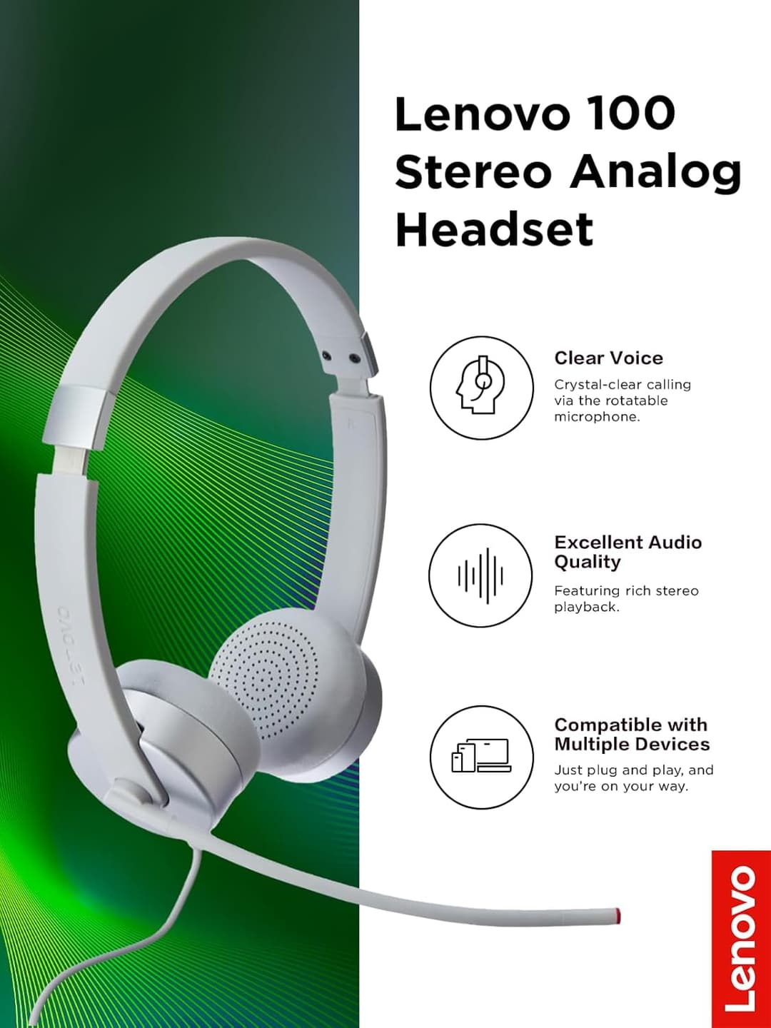 Lenovo 100 Stereo Analog Headset 3.5mm Cloud Grey with Boom Microphone - Image 3