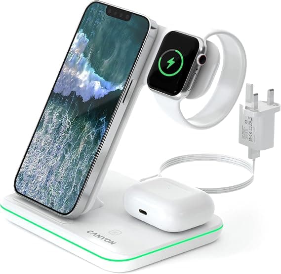 Canyon WS-302 3-in-1 Wireless Charging Station Qi Charger for iPhone Apple Watch AirPods - White - Image 1