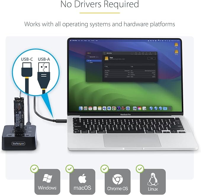 StarTech 1:1 M.2 NVMe SSD Duplicator Cloner Dock Dual Bay USB-C 20Gbps - Image 3