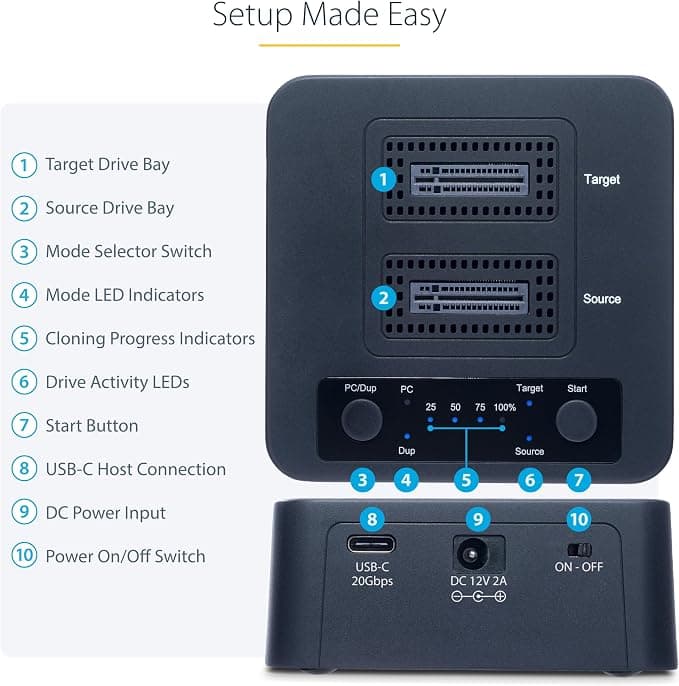 StarTech 1:1 M.2 NVMe SSD Duplicator Cloner Dock Dual Bay USB-C 20Gbps - Image 5