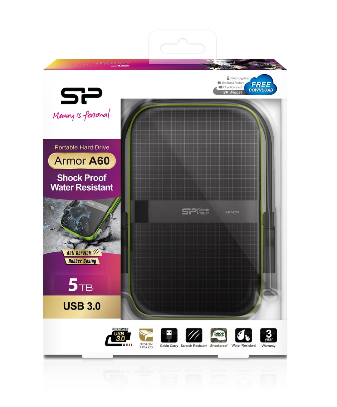 5TB Silicon Power Armor A60 Shockproof Portable Hard Drive - USB3.0 - Black/Green Edition - Image 2