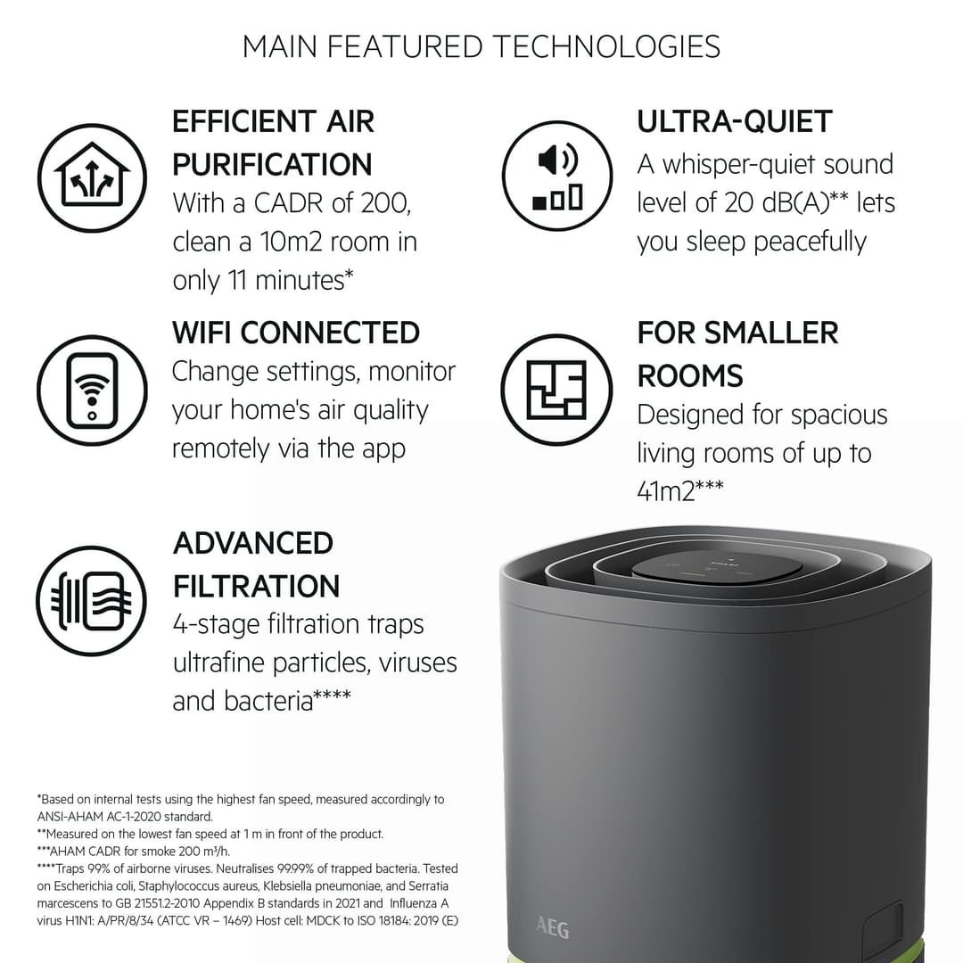 AEG Pure 5000 Compact Air Purifier for Home APO50371DG - Dark Grey - Image 2