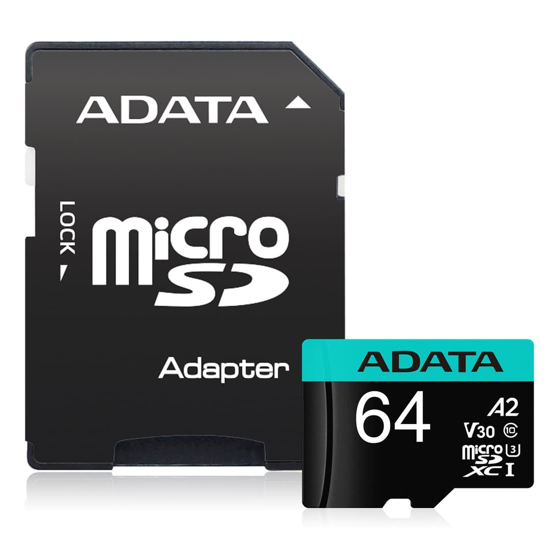 64GB AData Premier Pro microSDXC CL10 UHS-I U3 V30 A2 Memory Card with SD Adapter - Image 2