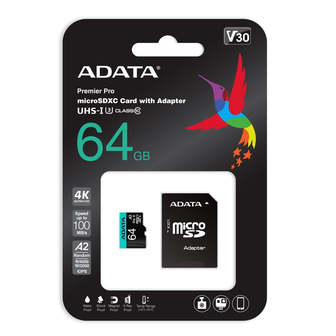 64GB AData Premier Pro microSDXC CL10 UHS-I U3 V30 A2 Memory Card with SD Adapter - Image 4