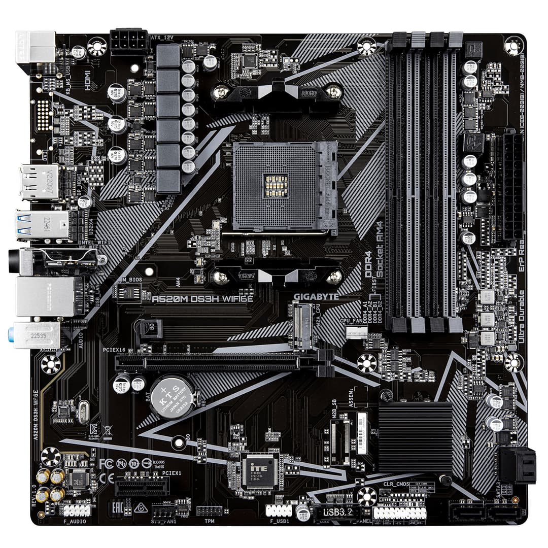 GIGABYTE A520M DS3H WIFI6E Motherboard - Supports AMD Ryzen 5000 Series AM4 CPUs, up to 4733MHz DDR4 (OC), 1xPCIe 3.0 M.2, WIFI 6E, GbE LAN, USB 3.2 Gen 1 - Image 2