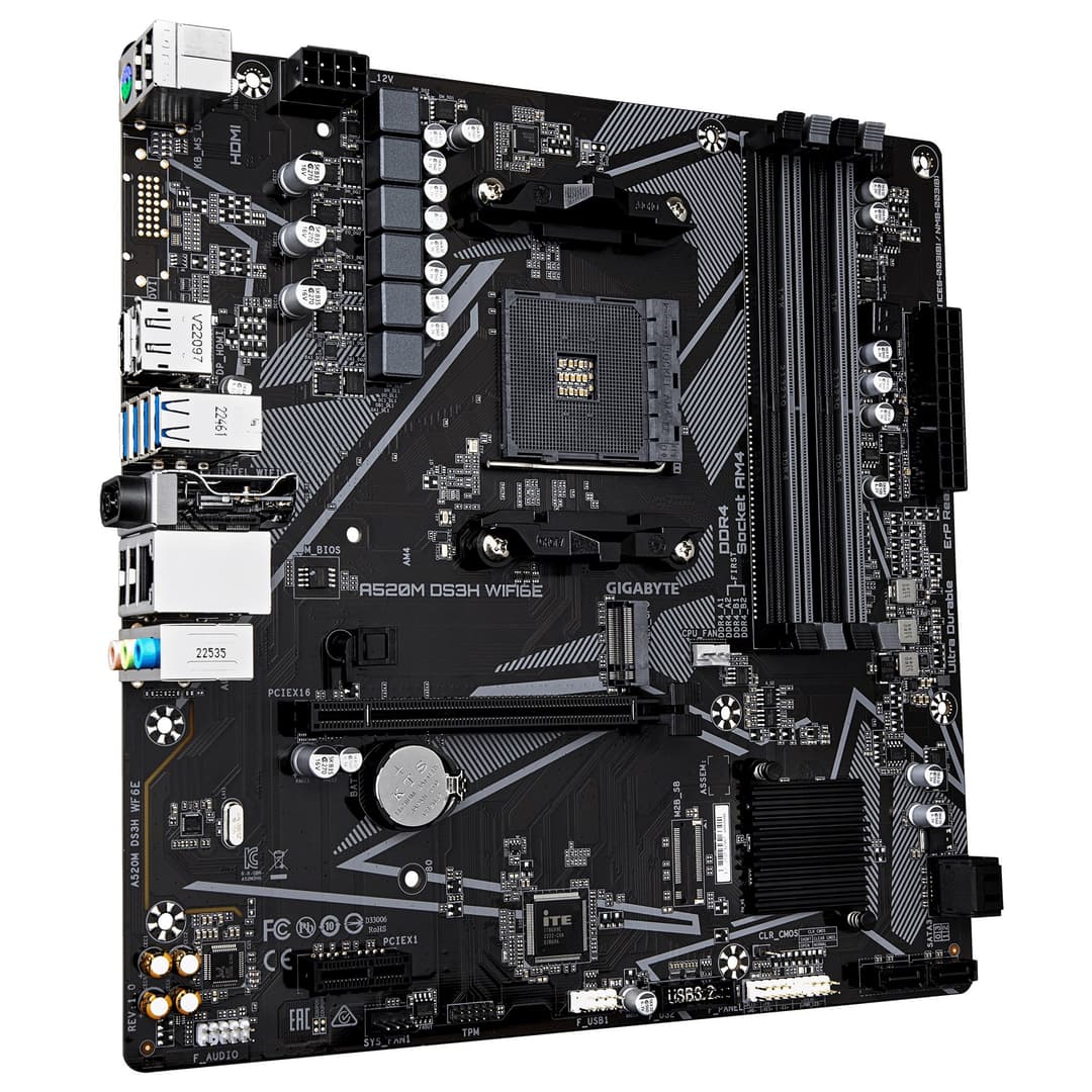 GIGABYTE A520M DS3H WIFI6E Motherboard - Supports AMD Ryzen 5000 Series AM4 CPUs, up to 4733MHz DDR4 (OC), 1xPCIe 3.0 M.2, WIFI 6E, GbE LAN, USB 3.2 Gen 1 - Image 3