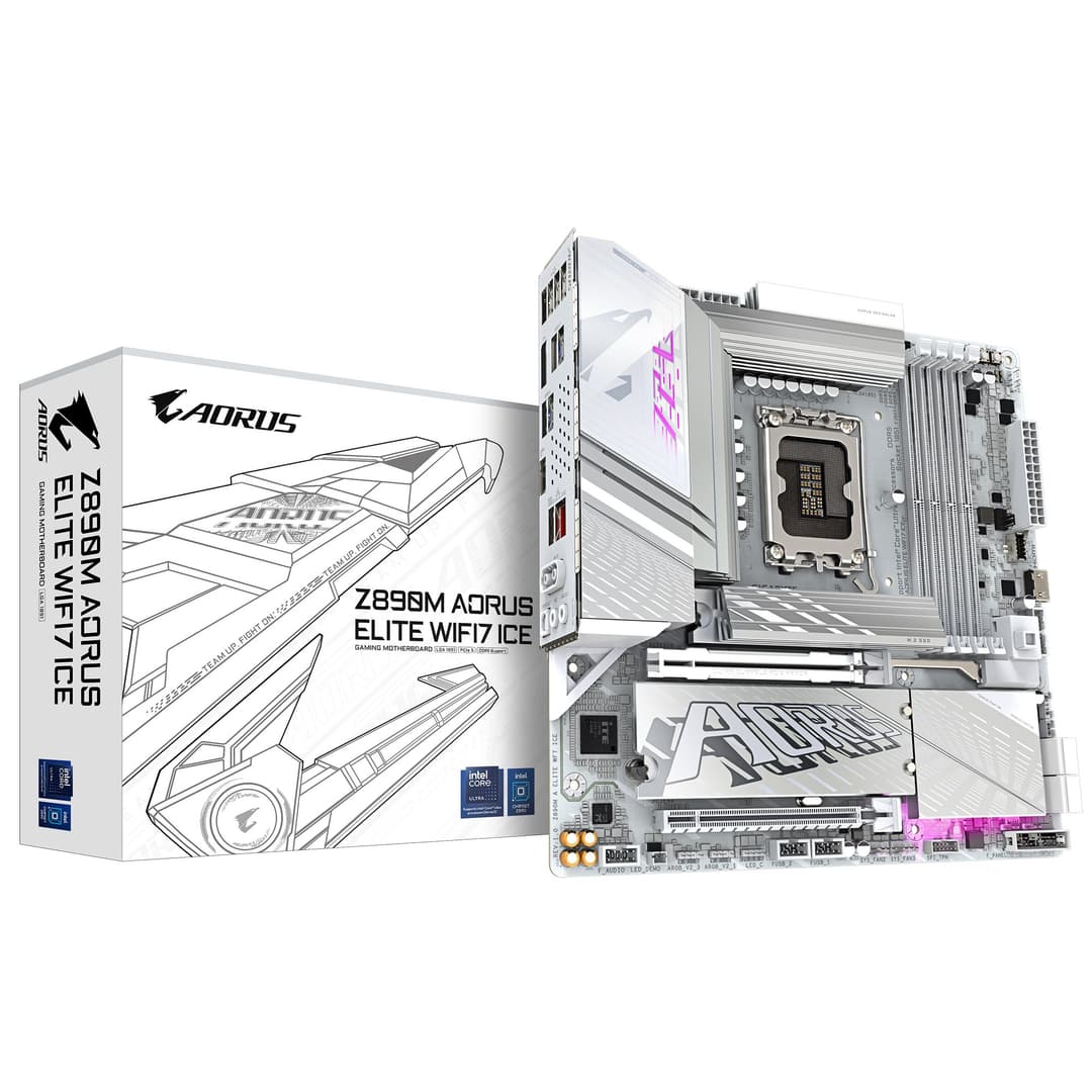 GIGABYTE Z890M AORUS ELITE WIFI7 ICE Motherboard - Supports Intel Core Ultra (Series 2) CPUs, 12+1+2 phases VRM, up to 8800MHz DDR5 (OC), 1xPCIe 5.0 + 2xPCIe 4.0, Wi-Fi 7, 2.5GbE LAN, USB 4 - Image 1