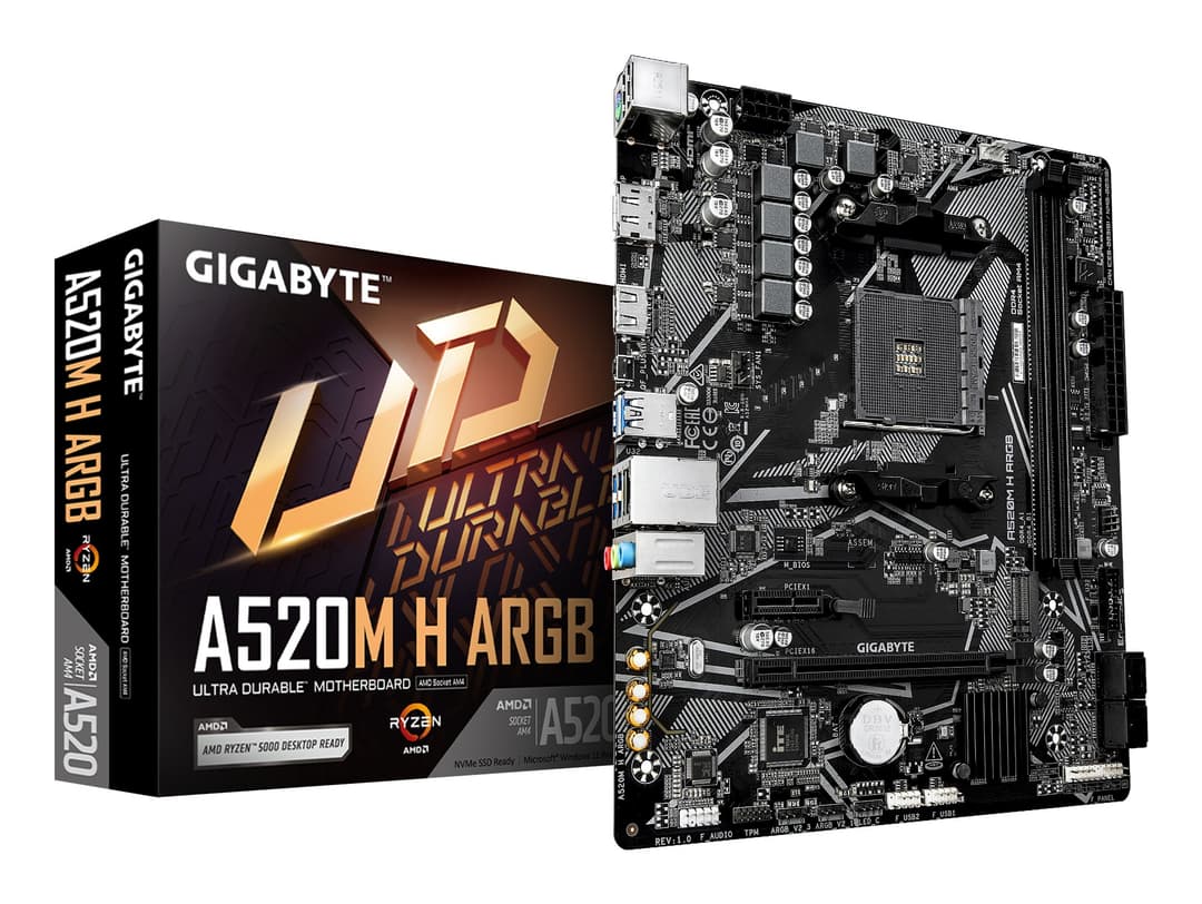 GIGABYTE A520M H ARGB Motherboard - Supports AMD Ryzen 5000 Series CPUs, up to 5100MHz DDR4 (OC), PCIe 3.0 x4 M.2, 1 GbE LAN, USB 3.2 Gen 1 - Image 1