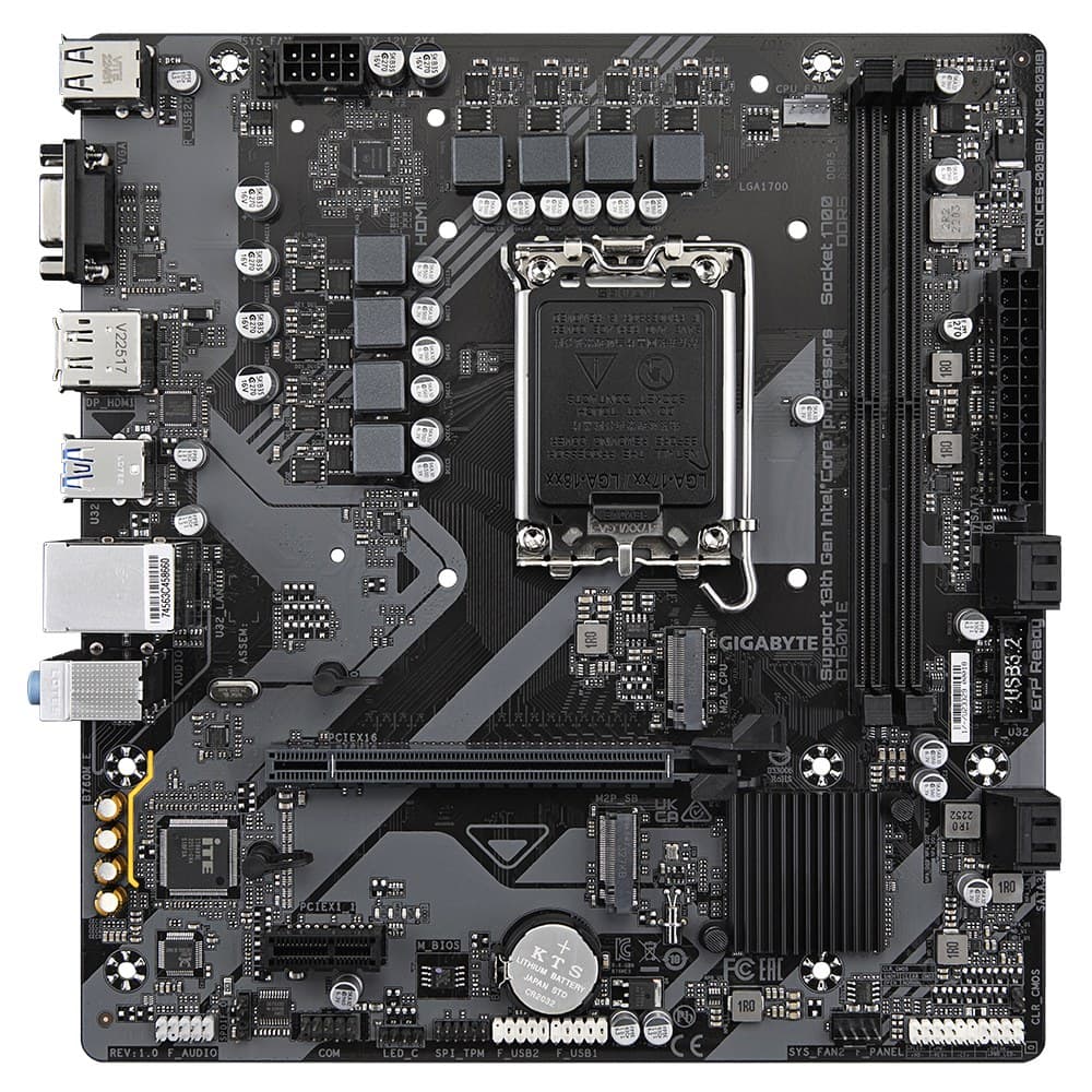 GIGABYTE B760M E Motherboard - Supports 14th Gen. Intel Core CPUs, 6+1+1 phases VRM, up to 7200MHz DDR5 (OC), 2xPCIe 4.0 M.2, 1 GbE LAN, USB 3.2 Gen 1 - Image 1