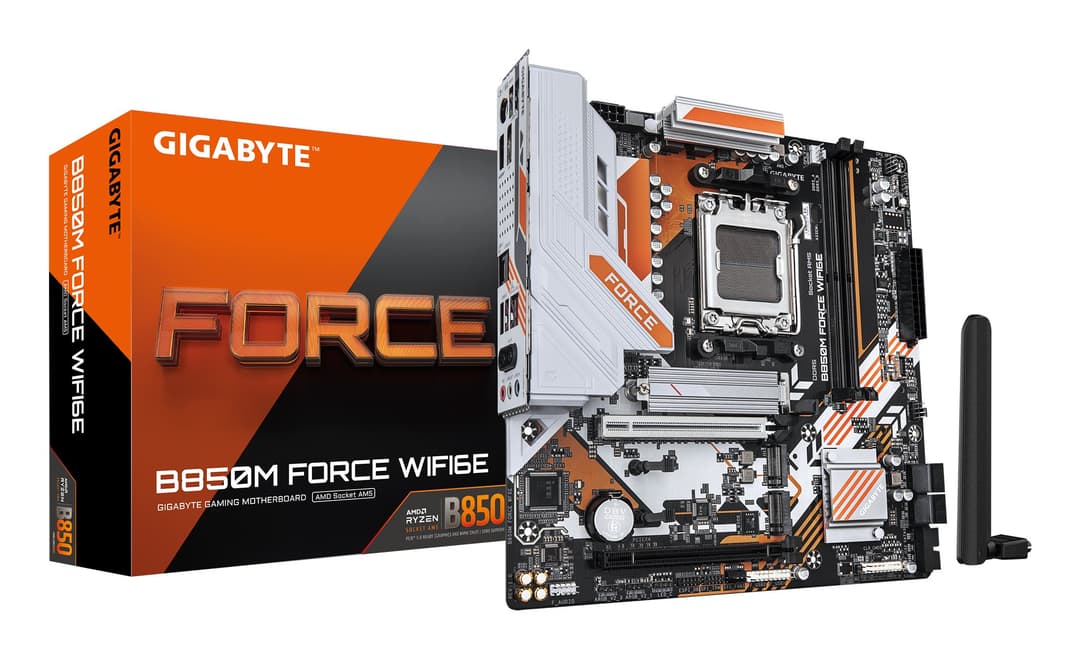 GIGABYTE B850M FORCE WIFI6E Motherboard - AMD Ryzen 9000 Series CPUs, 8+2+2 Phases Digital VRM, up to 9600MHz DDR5 (OC), 1xPCIe 5.0 + 2xPCIe 4.0 M.2, Wi-Fi 6E, 2.5 GbE LAN, USB 3.2 Gen 2 - Image 1