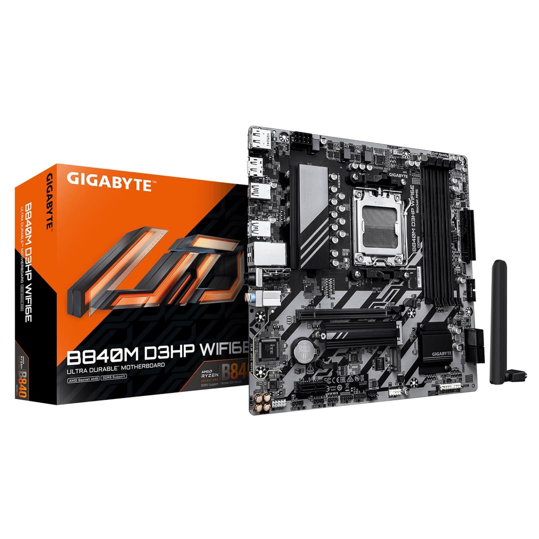 GIGABYTE B840M D3HP WIFI6E Motherboard - AMD Ryzen 9000 CPUs, 8+2+2 Phases VRM, up to 8200MHz DDR5(O.C), 2xPCIe 4.0 M.2, Wi-Fi 6E, 1GbE LAN, USB 3.2 Gen 2 - Image 1
