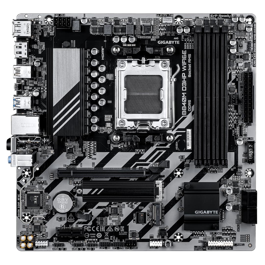 GIGABYTE B840M D3HP WIFI6E Motherboard - AMD Ryzen 9000 CPUs, 8+2+2 Phases VRM, up to 8200MHz DDR5(O.C), 2xPCIe 4.0 M.2, Wi-Fi 6E, 1GbE LAN, USB 3.2 Gen 2 - Image 2