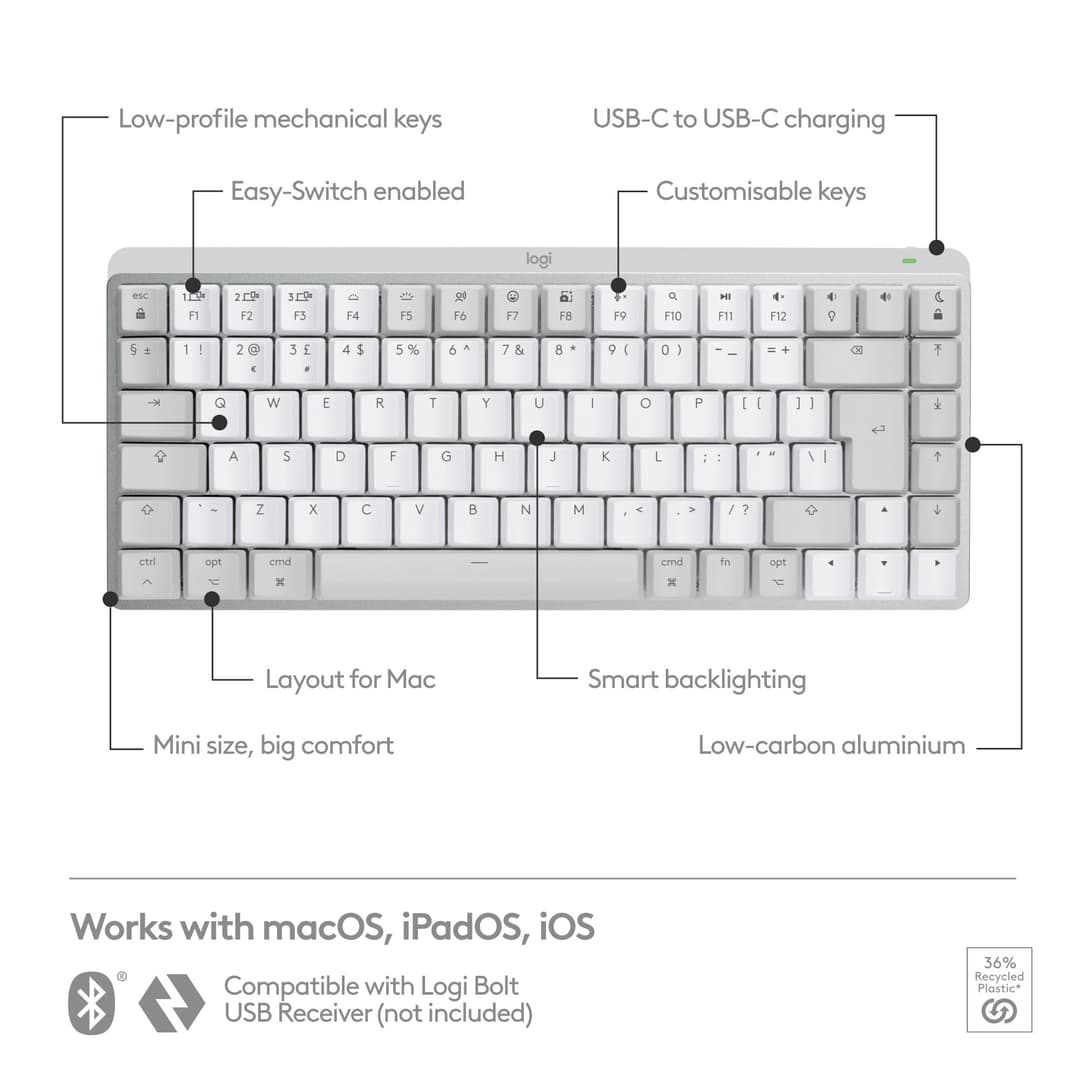Logitech MX Mechanical Mini for Mac Wireless Illuminated Keyboard - Pale Grey - Image 6