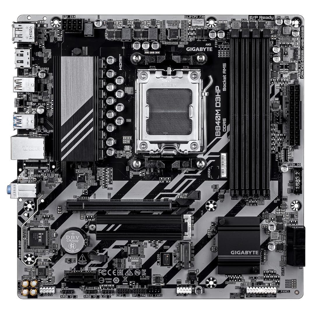 GIGABYTE B840M D3HP Motherboard - AMD Ryzen 9000 CPUs, 8+2+2 Phases VRM, up to 8200MHz DDR5(O.C), 2xPCIe 4.0 M.2, 1GbE LAN, USB 3.2 Gen 2 - Image 2