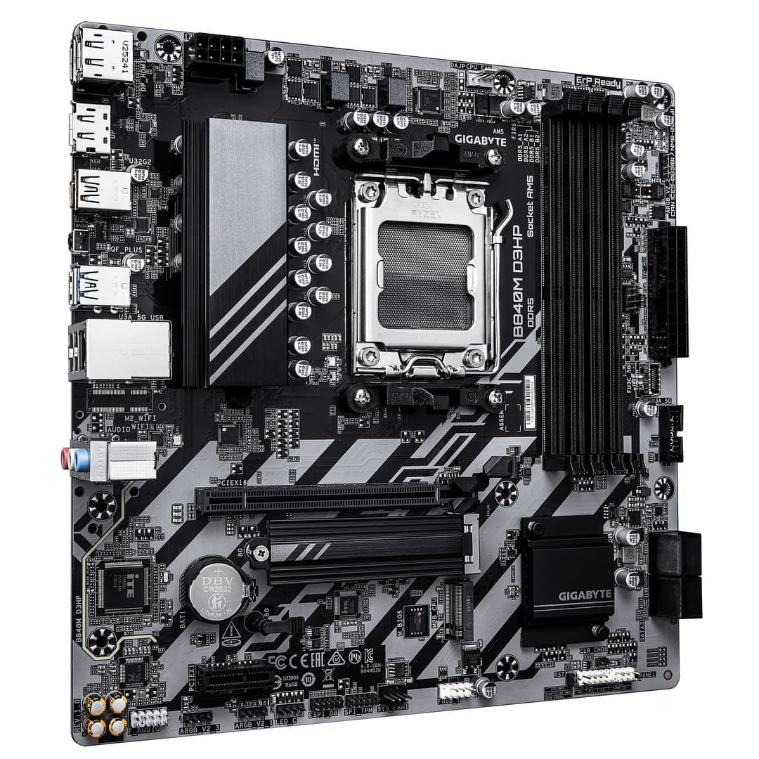 GIGABYTE B840M D3HP Motherboard - AMD Ryzen 9000 CPUs, 8+2+2 Phases VRM, up to 8200MHz DDR5(O.C), 2xPCIe 4.0 M.2, 1GbE LAN, USB 3.2 Gen 2 - Image 3