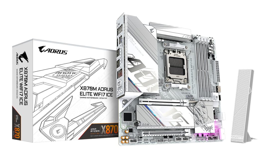GIGABYTE X870M AORUS ELITE WIFI7 ICE Motherboard - Supports AMD Ryzen 9000 CPUs, 14+2+2 Phases Digital VRM, up to 8200Hz DDR5 (O.C), 1xPCIe 5.0 + 1xPCIe 4.0, Wi-Fi 7, 2.5 GbE LAN, USB 4 - Image 1