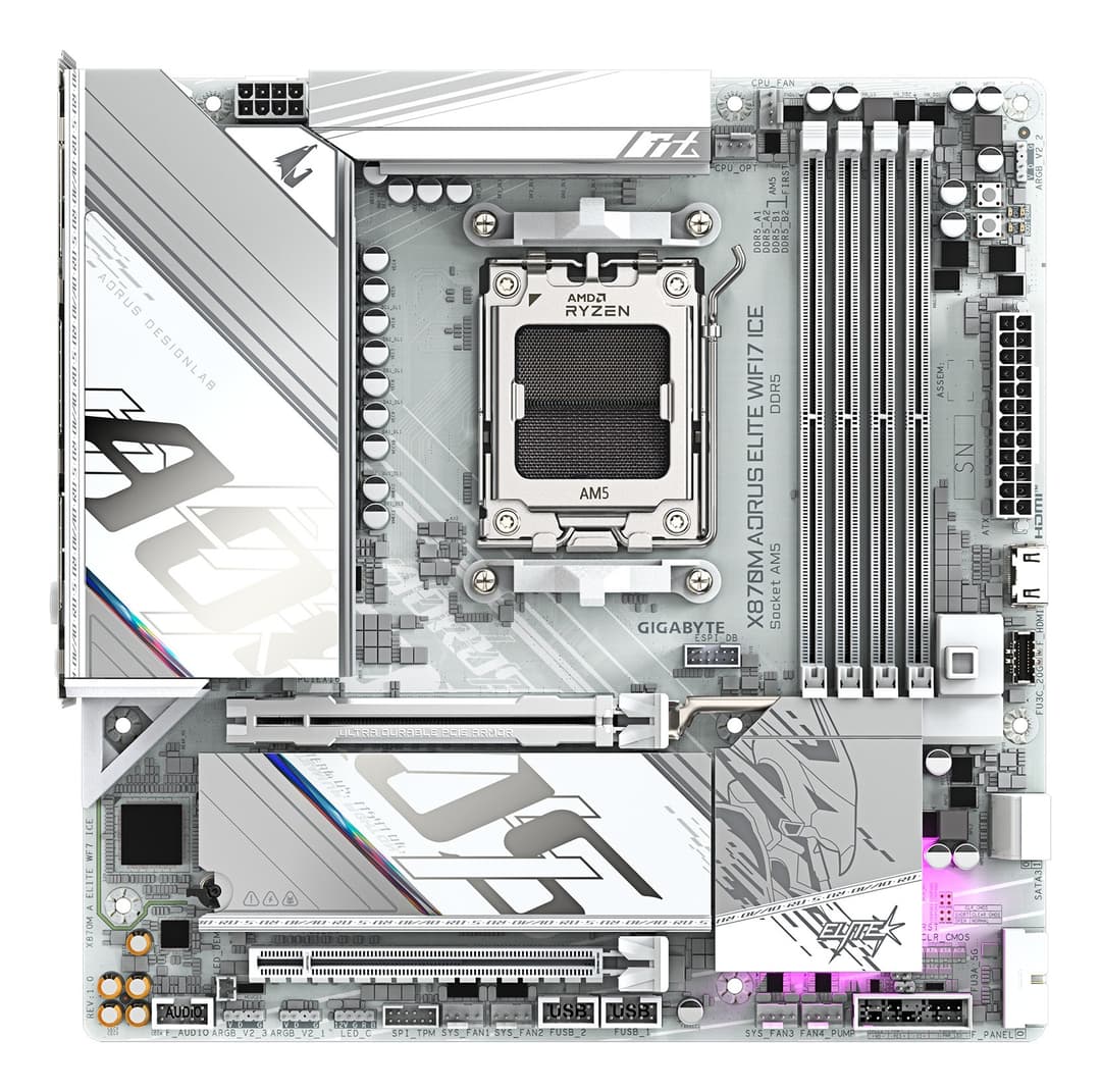 GIGABYTE X870M AORUS ELITE WIFI7 ICE Motherboard - Supports AMD Ryzen 9000 CPUs, 14+2+2 Phases Digital VRM, up to 8200Hz DDR5 (O.C), 1xPCIe 5.0 + 1xPCIe 4.0, Wi-Fi 7, 2.5 GbE LAN, USB 4 - Image 2