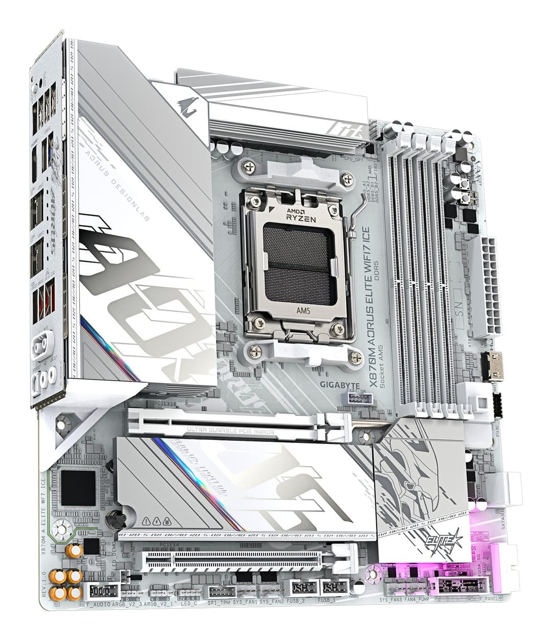 GIGABYTE X870M AORUS ELITE WIFI7 ICE Motherboard - Supports AMD Ryzen 9000 CPUs, 14+2+2 Phases Digital VRM, up to 8200Hz DDR5 (O.C), 1xPCIe 5.0 + 1xPCIe 4.0, Wi-Fi 7, 2.5 GbE LAN, USB 4 - Image 4