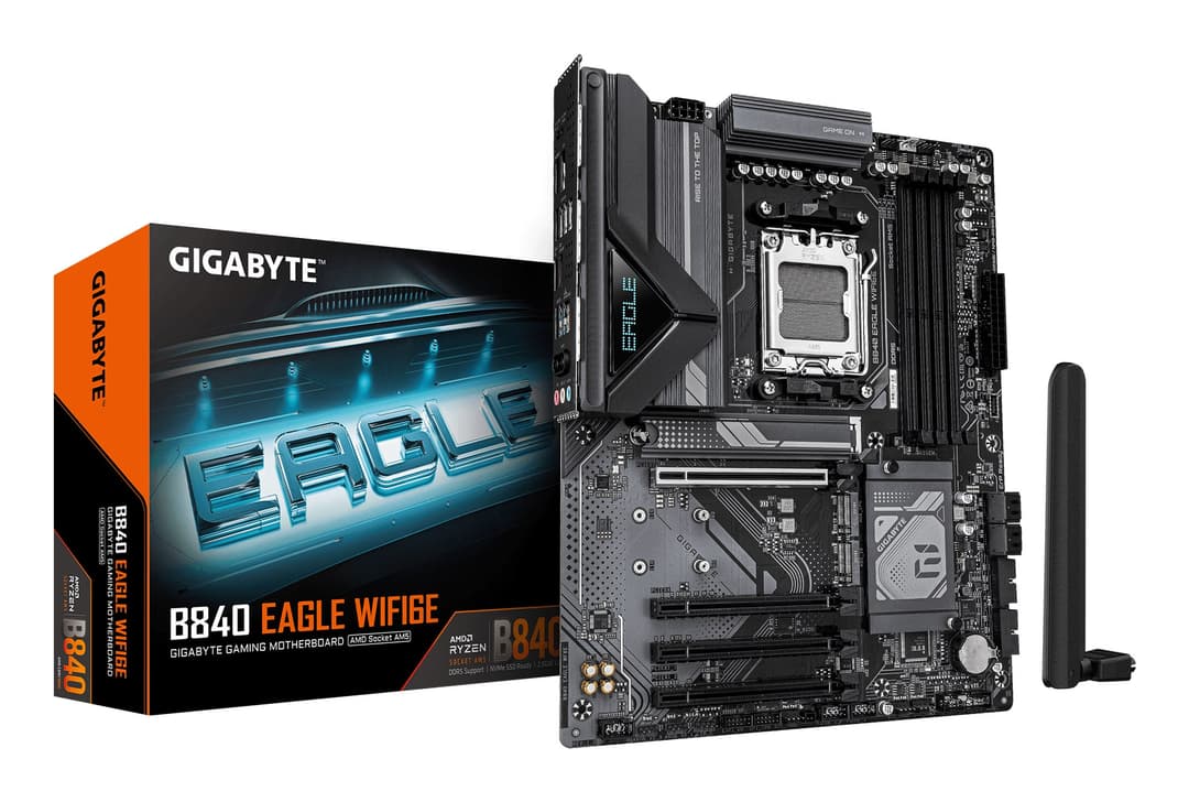 GIGABYTE B840 EAGLE WIFI6E Motherboard - AMD Ryzen 9000 CPUs, 8+2+2 Phases VRM, up to 8200MHz DDR5(O.C), 2xPCIe 4.0 + 1xPCIe 3.0 M.2, Wi-Fi 6E, 2.5GbE LAN, USB 3.2 Gen 2 - Image 1