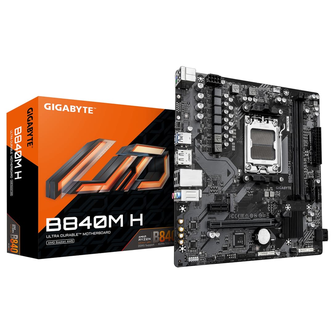 GIGABYTE B840M H Motherboard - AMD Ryzen 9000 CPUs, 5+2+2 Phases VRM, up to 7200MHz DDR5 (OC), 1xPCIe 4.0 M.2, 1GbE LAN, USB 3.2 Gen 1 - Image 1