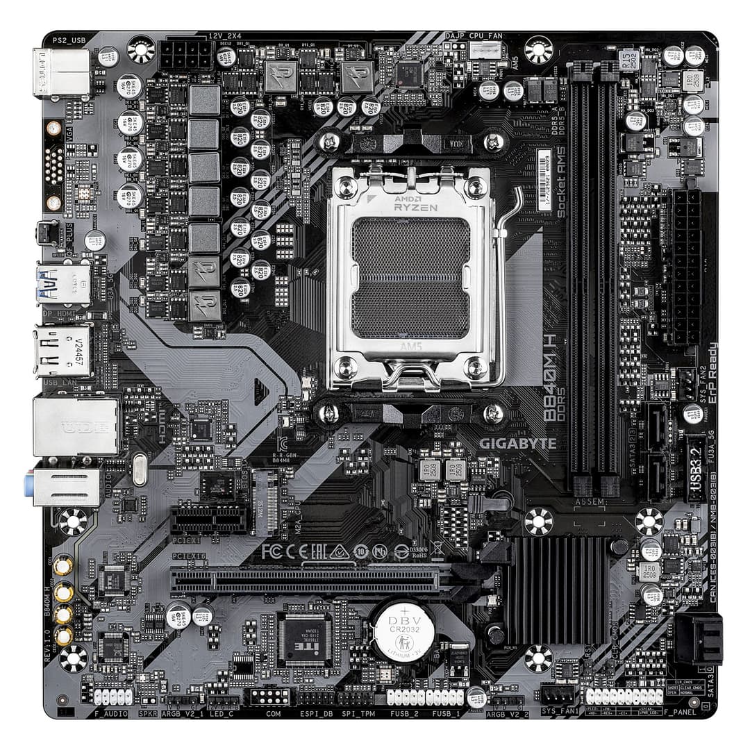 GIGABYTE B840M H Motherboard - AMD Ryzen 9000 CPUs, 5+2+2 Phases VRM, up to 7200MHz DDR5 (OC), 1xPCIe 4.0 M.2, 1GbE LAN, USB 3.2 Gen 1 - Image 2