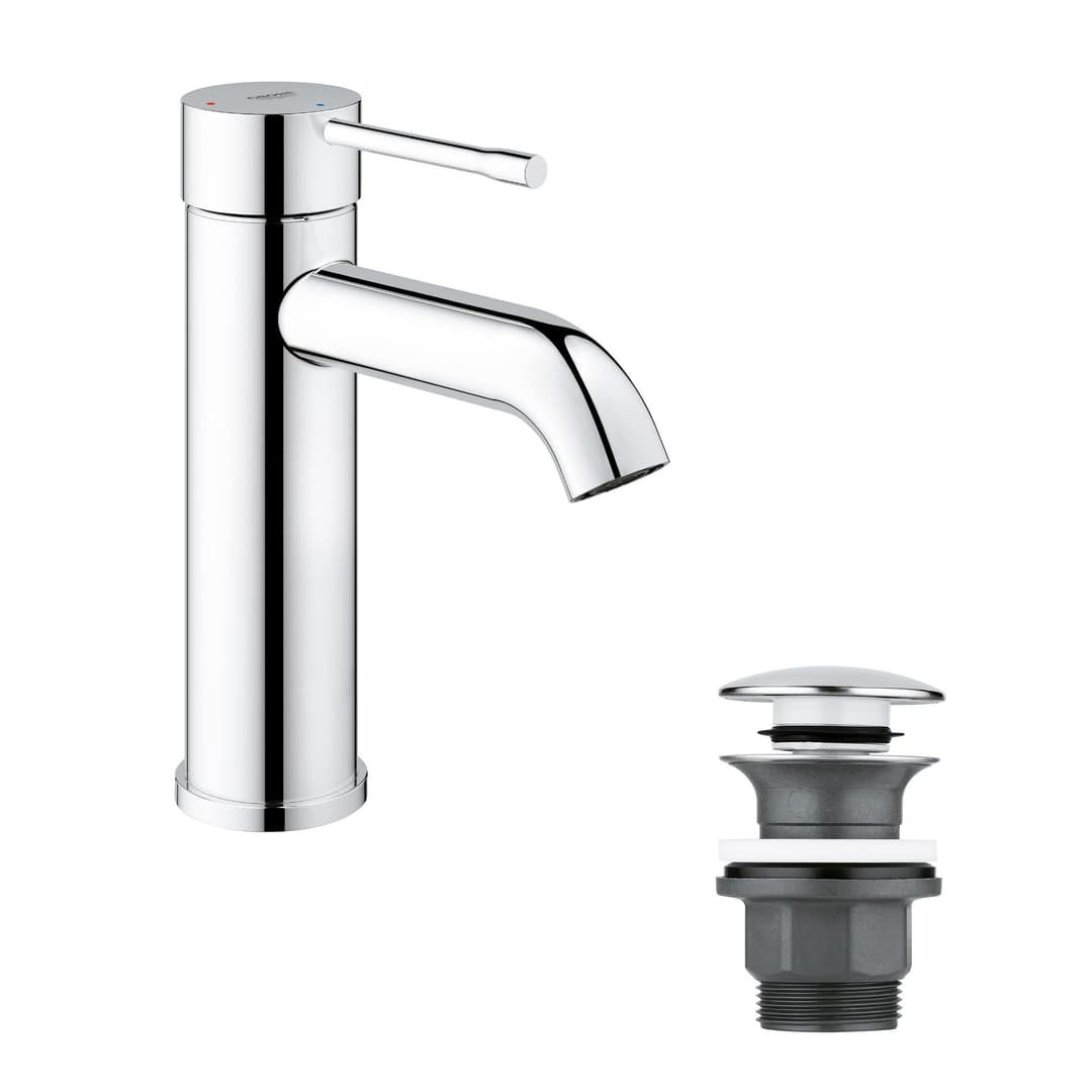 GROHE Essence Single-Lever Basin Mixer Tap with Push-Open Pop-Up Waste Set - Chrome - Image 1