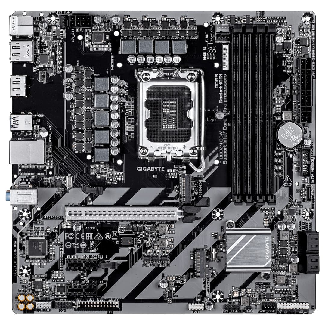GIGABYTE B860M D3W Motherboard - Intel Core Ultra Series CPUs, 4+1+2 Phases VRM, up to 9066MHz DDR5, 2xPCIe 4.0 M.2, 1GbE LAN, USB 3.2 Gen 1 - Image 2