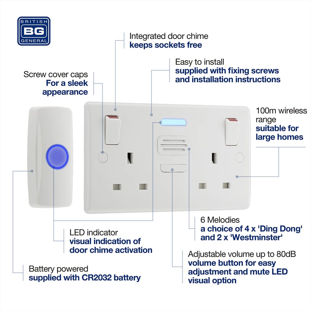 BG Electrical 822BELL Wireless Doorbell with IP44 Rated Push Button and Double Power Socket - White Moulded - Image 2