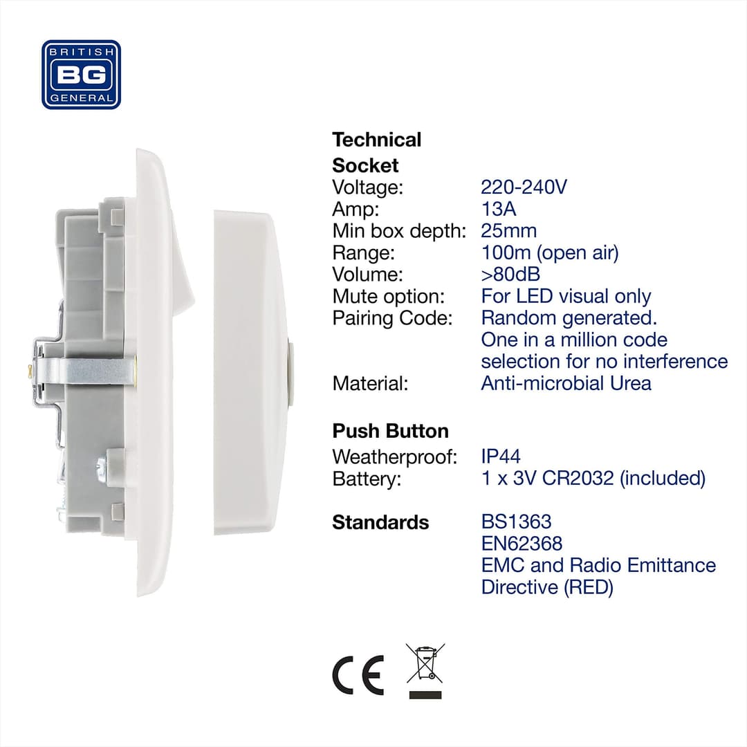 BG Electrical 822BELL Wireless Doorbell with IP44 Rated Push Button and Double Power Socket - White Moulded - Image 3