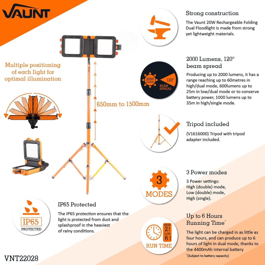 Vaunt 20W Rechargeable LED Folding Work Light with Tripod - White - Image 6