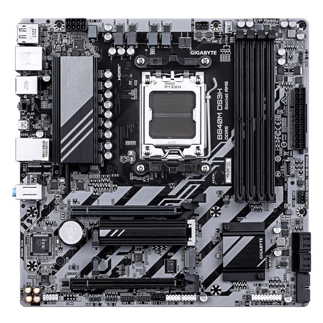 GIGABYTE B840M DS3H Motherboard - AMD Ryzen 9000 CPUs, 8+2+2 Phases VRM, up to 8200MHz DDR5, 2xPCIe 4.0 M.2, 2.5GbE LAN, USB 3.2 Gen 1 - Image 2