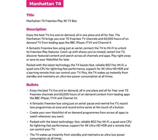 MANHATTAN T4 Freeview Play Smart 4K Ultra HD Set Top Box - Image 8