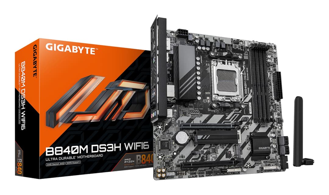 GIGABYTE B840M DS3H WIFI6 Motherboard - AMD Ryzen 9000 CPUs, 8+2+2 Phases VRM, up to 8200MHz DDR5, 2xPCIe 4.0 M.2, Wi-Fi 6, 2.5GbE LAN, USB 3.2 Gen 1 - Image 1