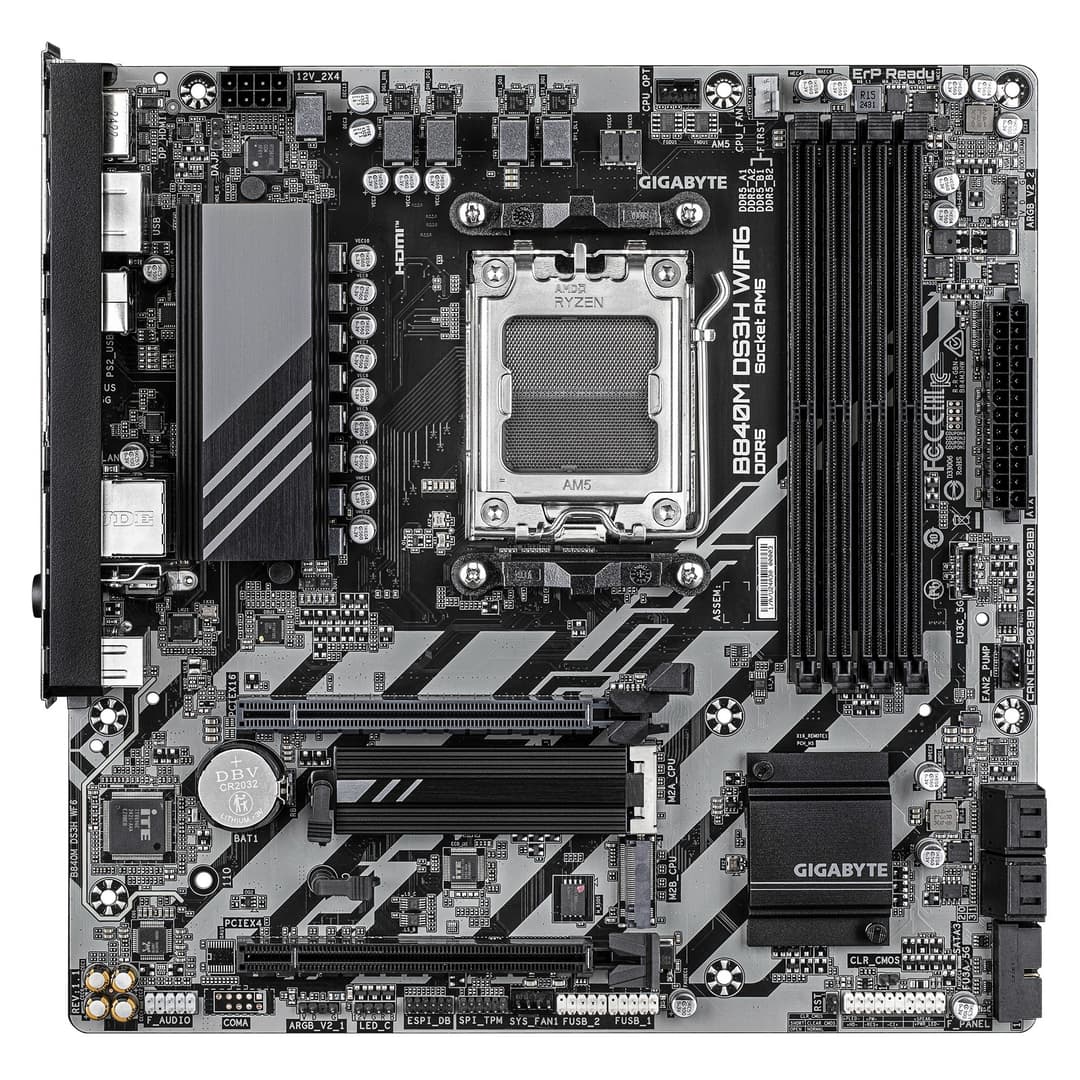GIGABYTE B840M DS3H WIFI6 Motherboard - AMD Ryzen 9000 CPUs, 8+2+2 Phases VRM, up to 8200MHz DDR5, 2xPCIe 4.0 M.2, Wi-Fi 6, 2.5GbE LAN, USB 3.2 Gen 1 - Image 2