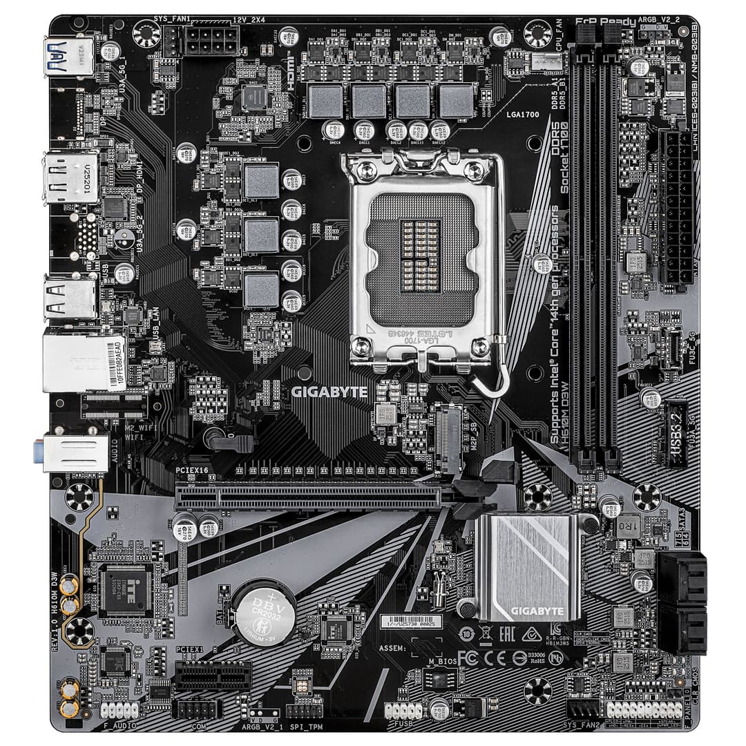 GIGABYTE H610M D3W Motherboard - Supports 14th Gen. Intel Core CPUs, 5+1+1 phases VRM, up to 5600MHz DDR5, 1xPCIe 3.0 M.2, 1GbE LAN, USB 3.2 Gen 1 - Image 2