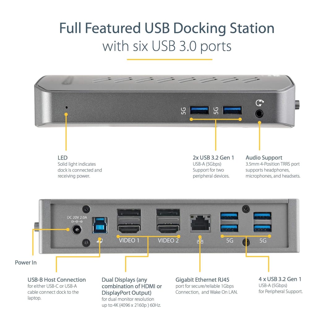 StarTech DK30A2DHU USB-C USB-A Dock - Hybrid Universal USB 3.0 Docking Station for USB-C or USB-A Laptop - Image 4